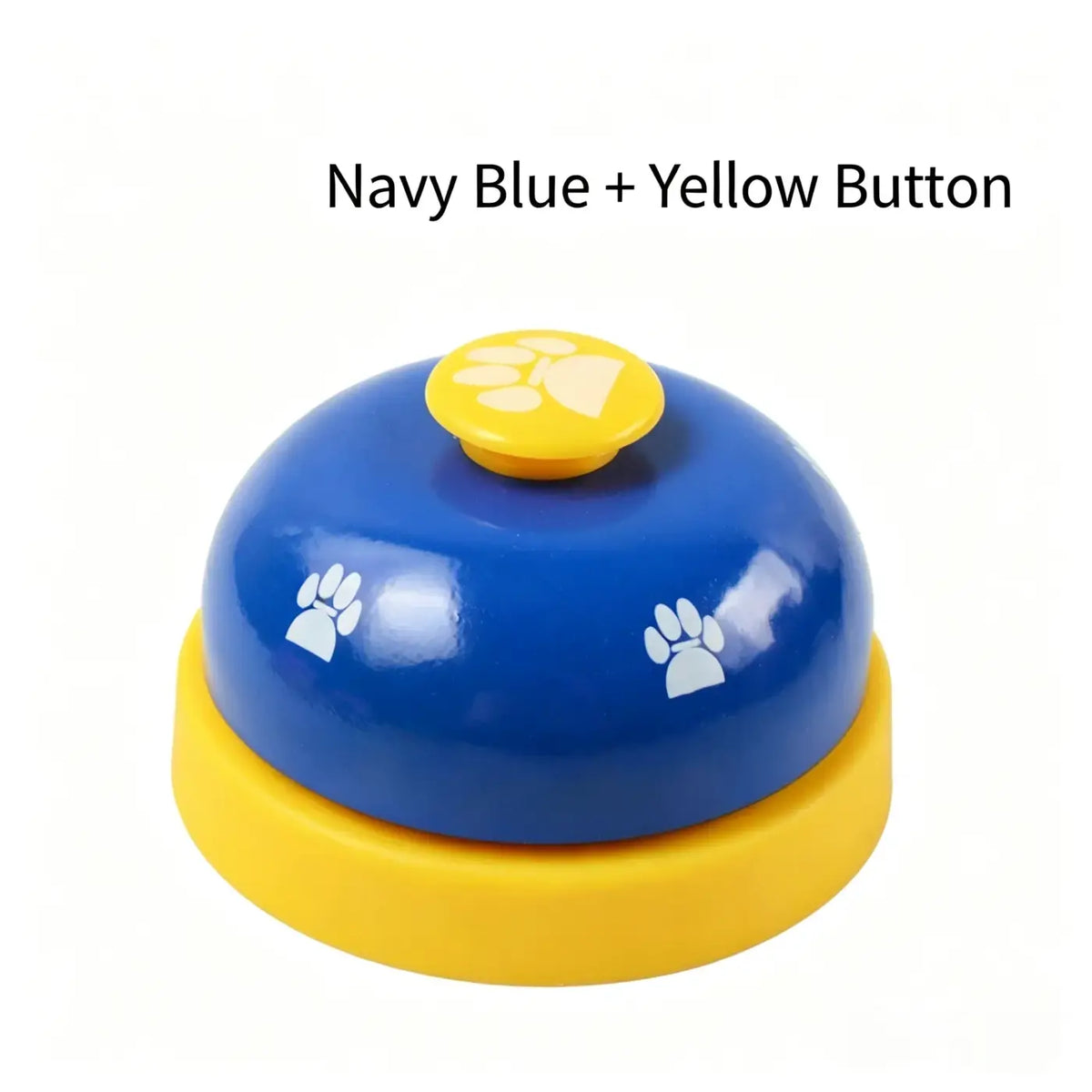 Portable pet training and communication bell made of navy blue and yellow plastic with a paw print design