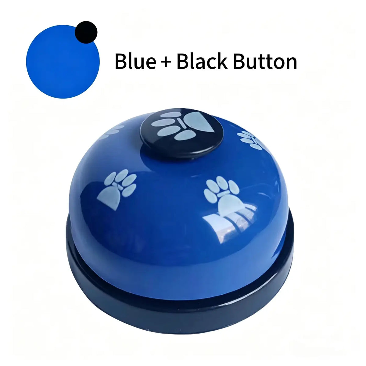 Portable pet training and communication bell with blue bell, black paw-print button, and white paw prints design
