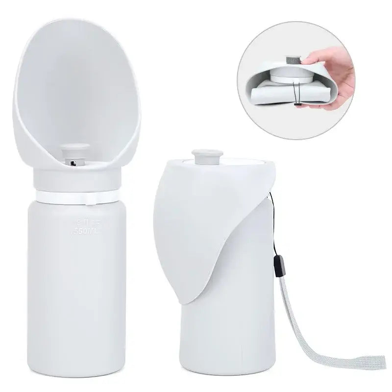 White sleek portable silicone foldable dog water bottle with spout and carrying strap for outdoor use