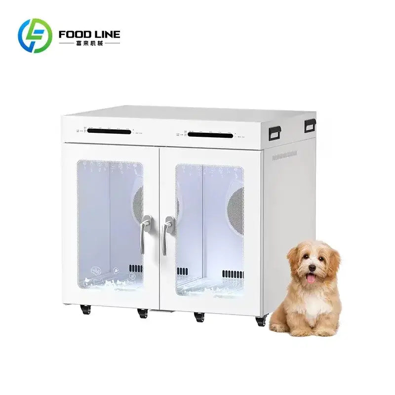White dual-door pet dryer with transparent glass panels and black handles for powerful dog and cat grooming hair drying