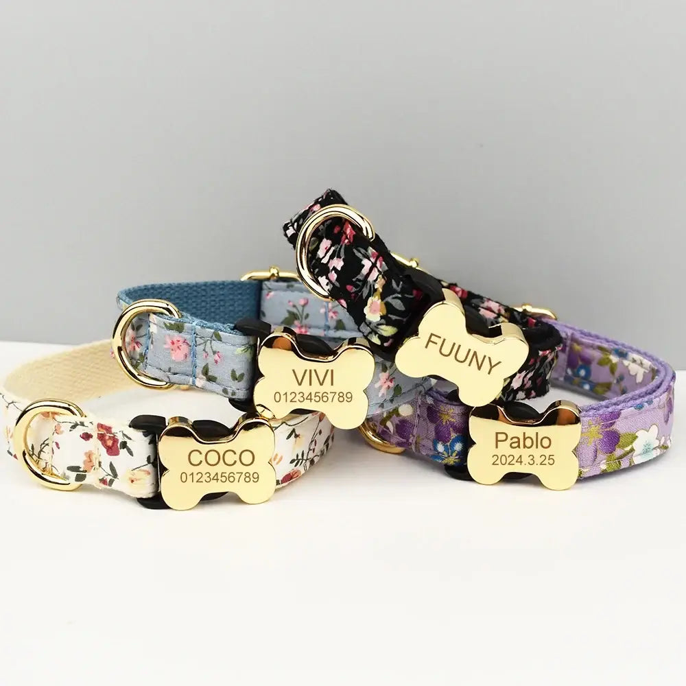 Premium custom engraved floral dog collar with gold bone-shaped nameplate durable comfortable fit for pets