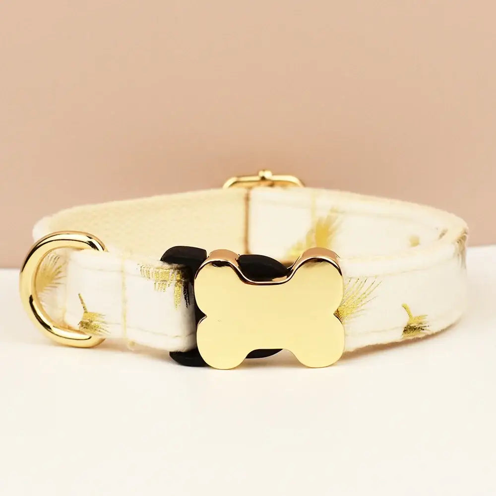 Cream-colored premium custom engraved dog collar with gold bone buckle and feather patterns for small to large dogs