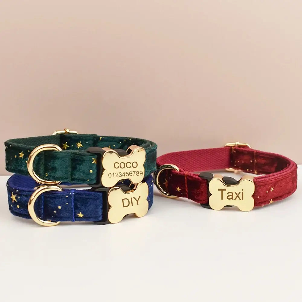 Premium custom engraved velvet dog collars in green blue and burgundy with gold bone nameplates for small medium and large dogs