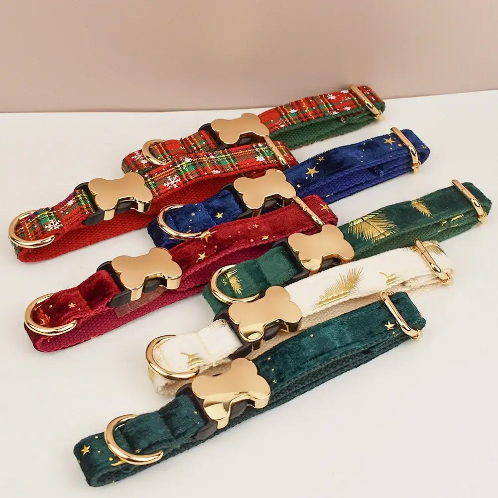 A collection of premium custom engraved velvet dog collars in red blue green and white with gold bone-shaped buckles