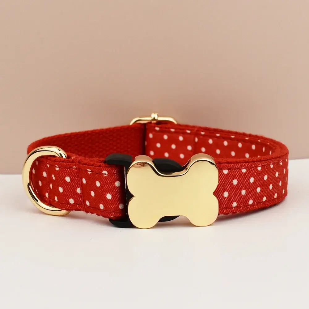 Premium custom engraved red fabric dog collar with white polka dots and gold bone-shaped buckle for small medium large dogs