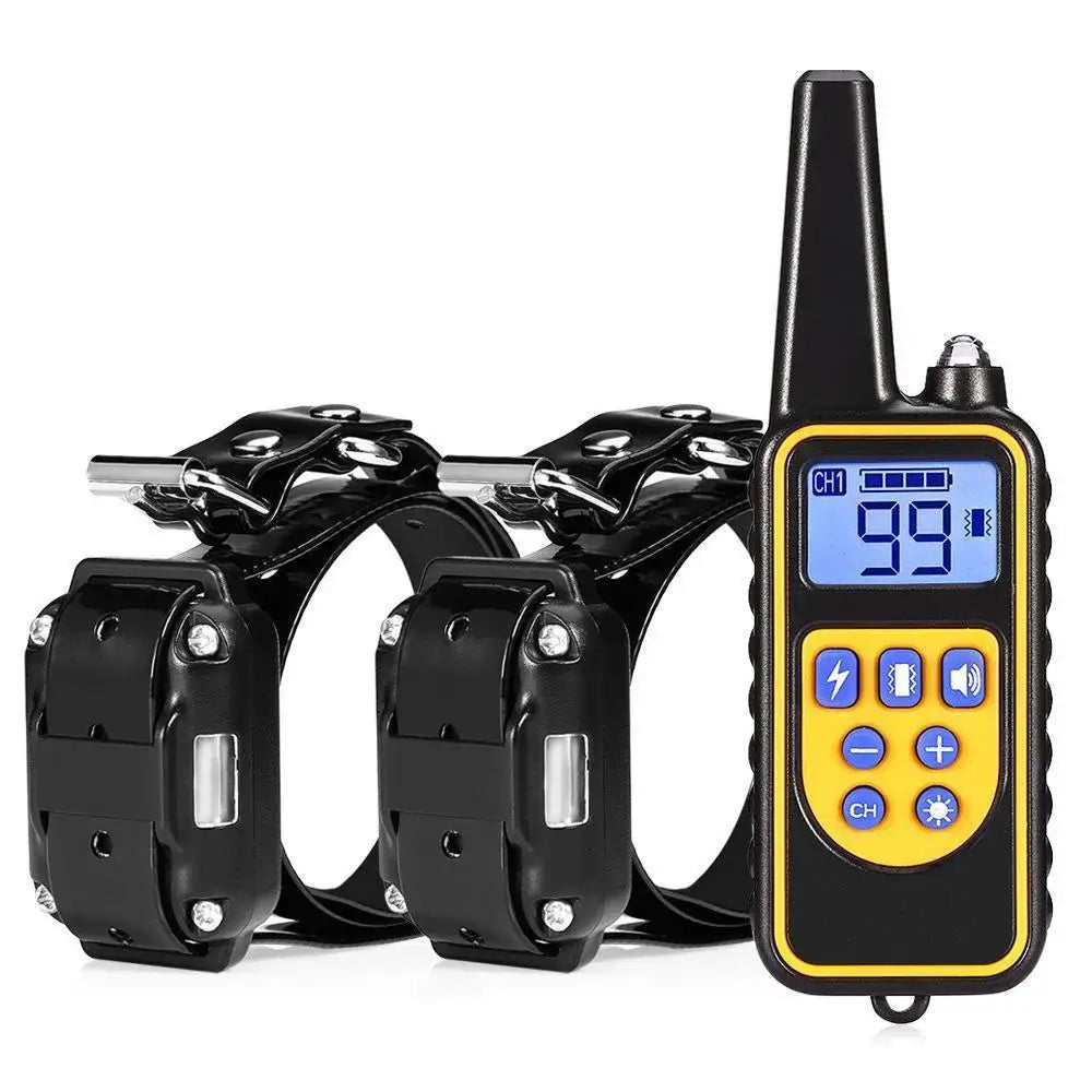 Black and yellow rechargeable electric dog training collar set with digital display and two matching remote collars