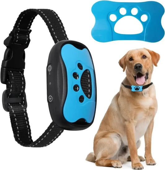 Blue and black rechargeable ultrasonic anti bark dog training collar with paw print design for effective training