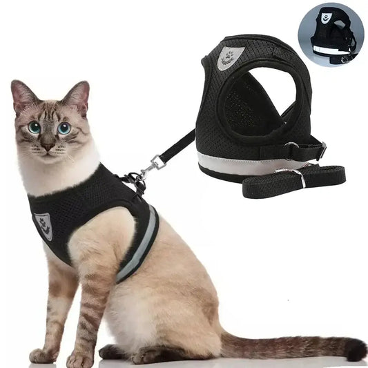Black mesh reflective escape-proof cat harness with silver emblem and stripes for safety and secure outdoor use