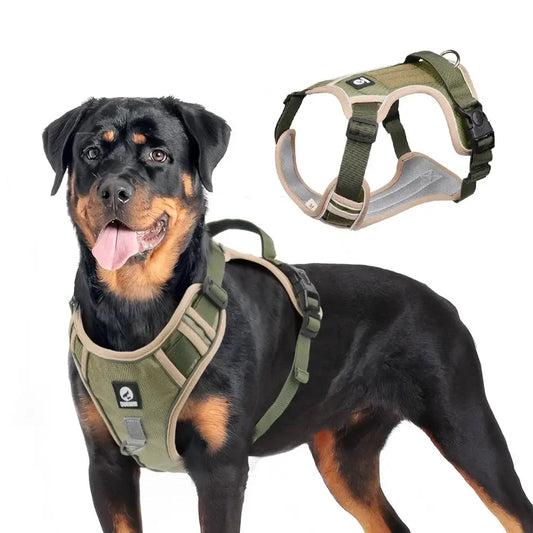 Reflective tactical adjustable dog harness vest in olive green and beige with padded design and adjustable straps