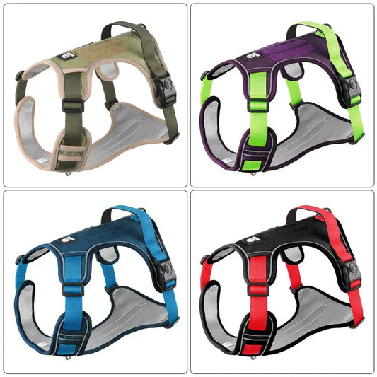 Reflective tactical dog vest harness in four vibrant colors made of waterproof oxford cloth for durability and safety