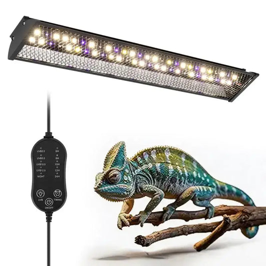 Black rectangular led reptile uv lamp and basking light bracket set with white and purple bulbs on a mesh surface