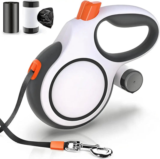 Retractable 5m 8m 50kg dog leash in white black with orange accents ergonomic handle and metal clasp for small and large dogs