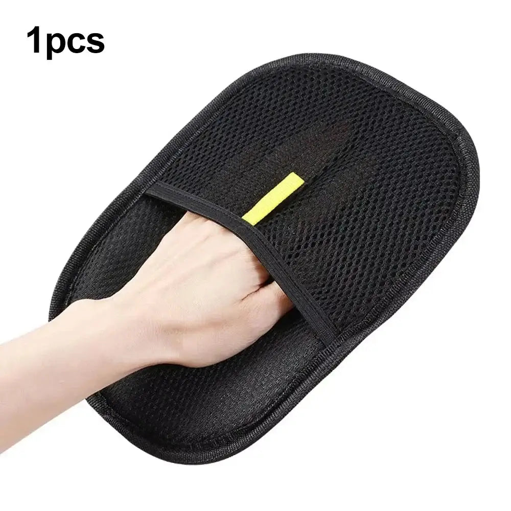 Black mesh reusable pet hair removal grooming glove with yellow accent strip for easy pet hair removal