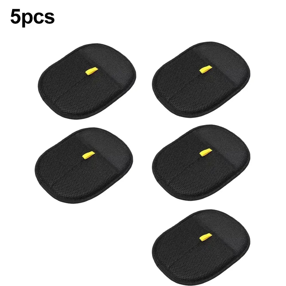 Black mesh-backed reusable pet hair removal grooming glove cushion pads with yellow zipper pulls visible on back side