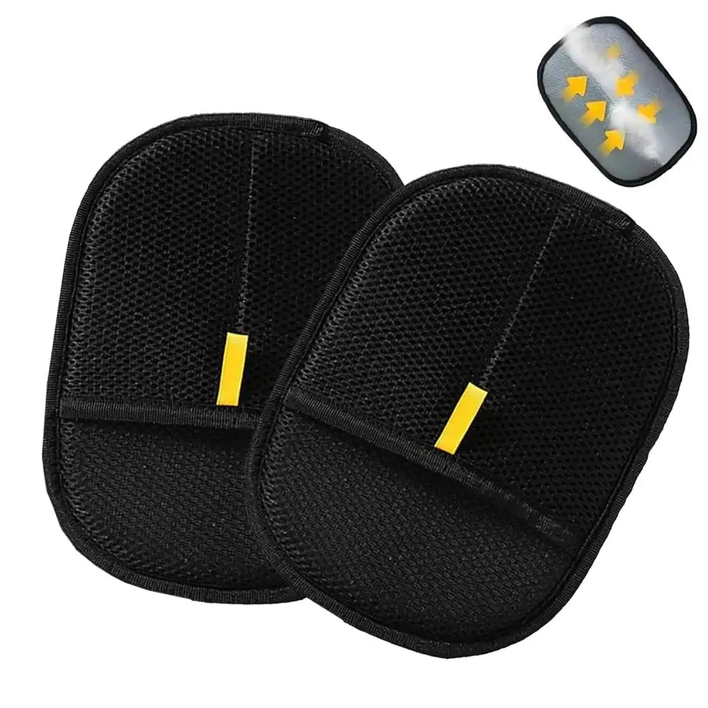 Black mesh car seat cushion pads with yellow accent strips designed for reusable pet hair removal grooming gloves