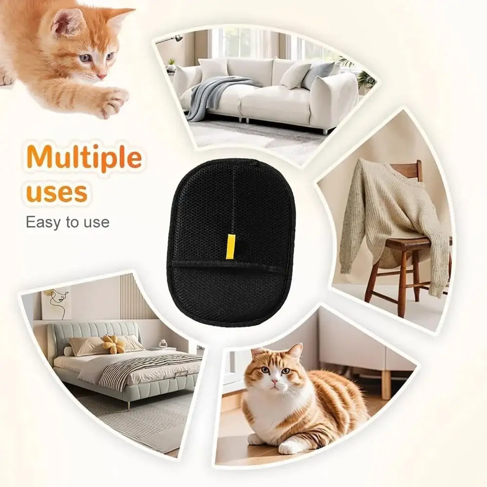 Black mesh reusable pet hair removal grooming glove with yellow pull-tab for effective pet hair removal