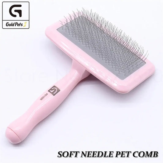 Pink plastic self-cleaning pet grooming comb with silver metal bristles and gray rubberized base for shedding control