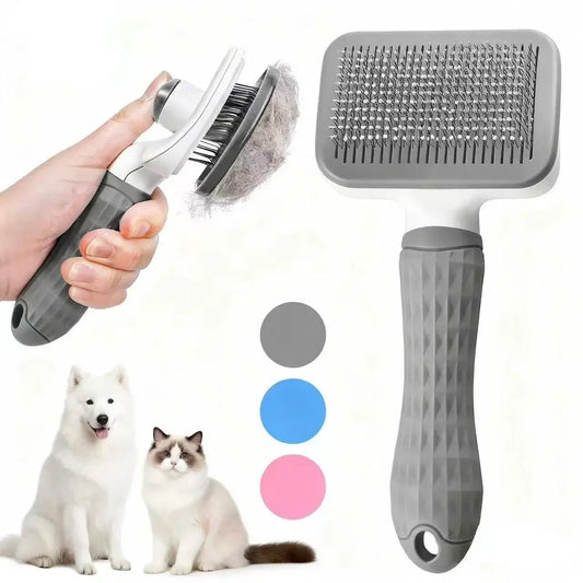 Gray plastic self cleaning pet hair removal comb with metal bristles and textured grip removing fur from an animal
