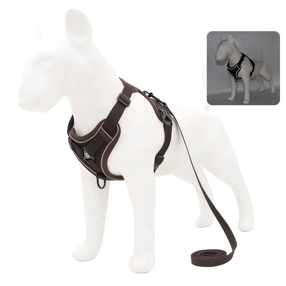 Small dog harness and leash set with brown harness featuring black accents, adjustable straps, and breathable mesh panel