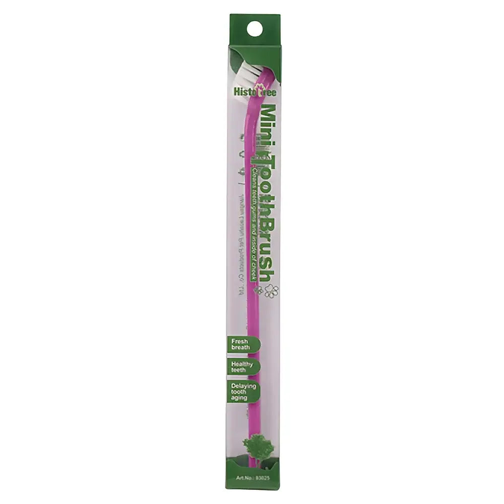 Soft bristle single head pet toothbrush for cats and dogs in green and white pink histree mini packaging