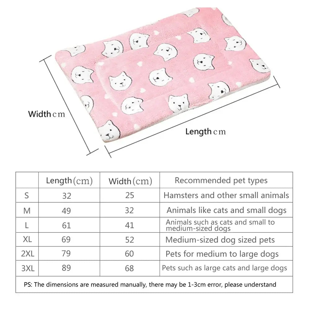 Pink plush pet bed with white cat face patterns made of soft flannel thickened fleece for warm pet comfort