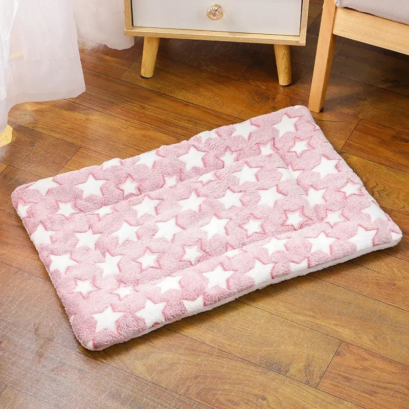 Soft flannel thickened pink and white star patterned plush pet bed fleece pad for puppy dog cat sofa cushion