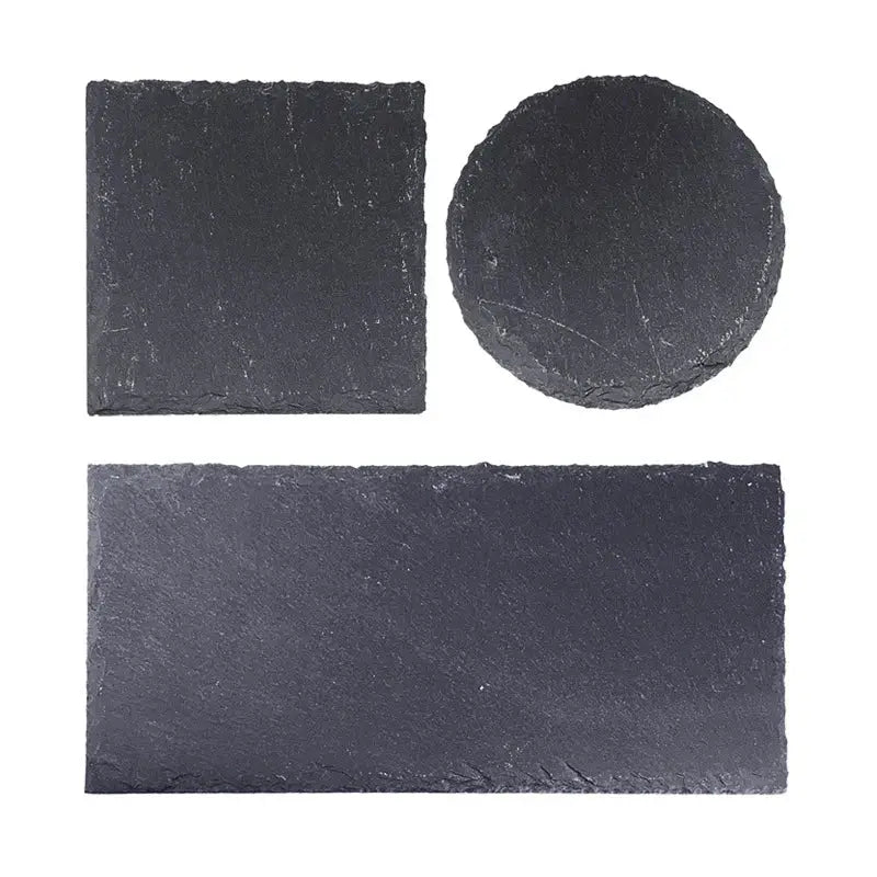 Set of three dark gray slate serving boards in square round and rectangular shapes for tortoise slab mat and pet use
