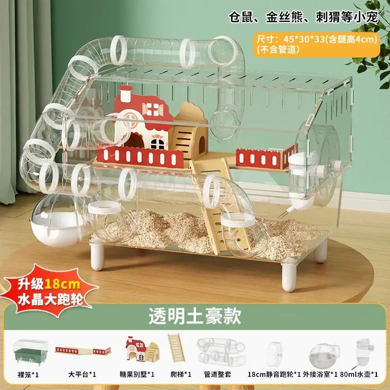 Transparent acrylic hamster house with red and beige wooden accessories, clear tubes, white bottle, and 18cm crystal wheel