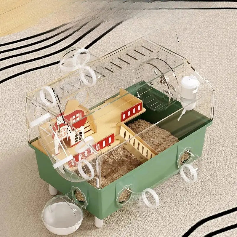 Green plastic hamster habitat with transparent acrylic tunnels and wooden house for small animals and pet hamsters