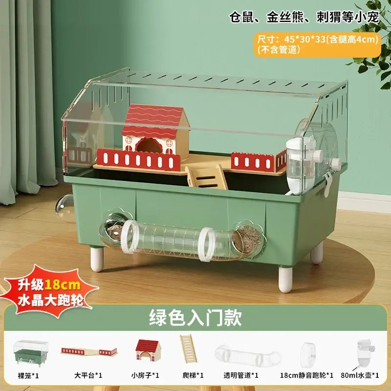 This is a green plastic transparent acrylic hamster house with clear panels and red-roofed wooden house and tunnels