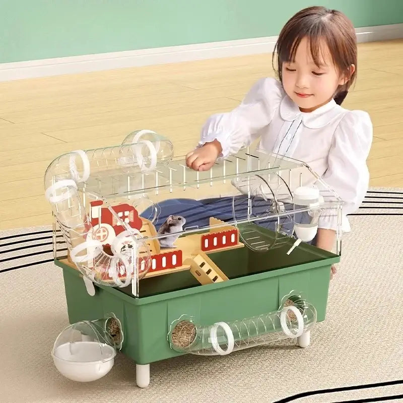 Green plastic transparent acrylic hamster house with clear tubes and red wooden structures for small pets