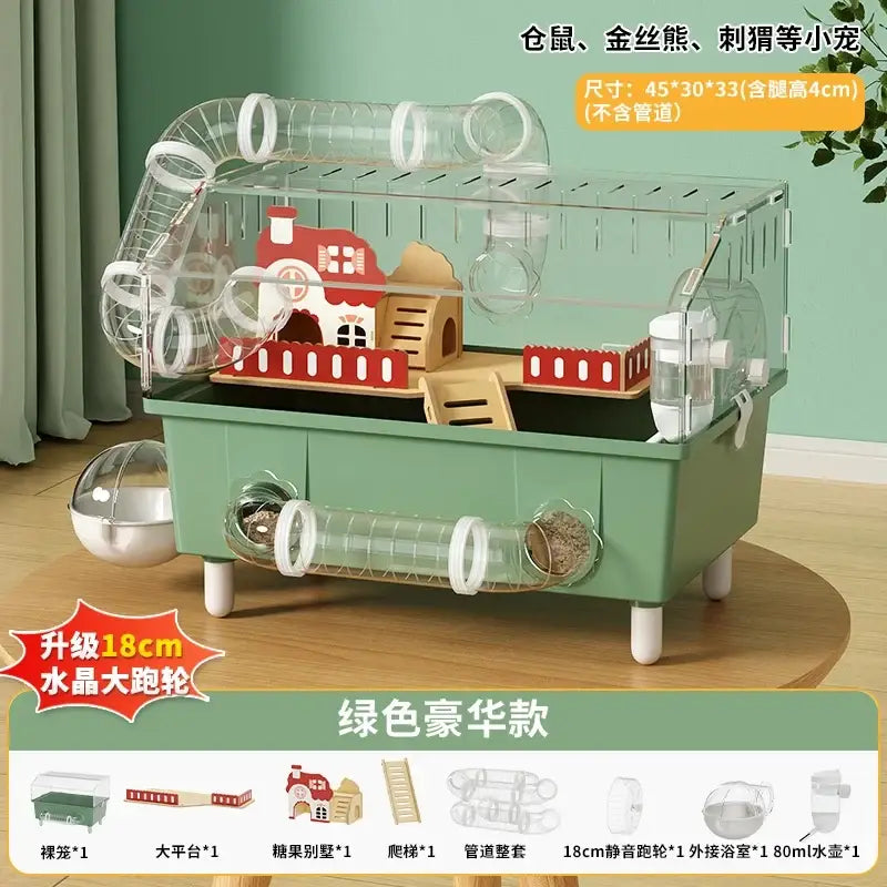 Transparent acrylic hamster house with green plastic habitat, clear tubes, red beige wooden house, and 18cm exercise wheel
