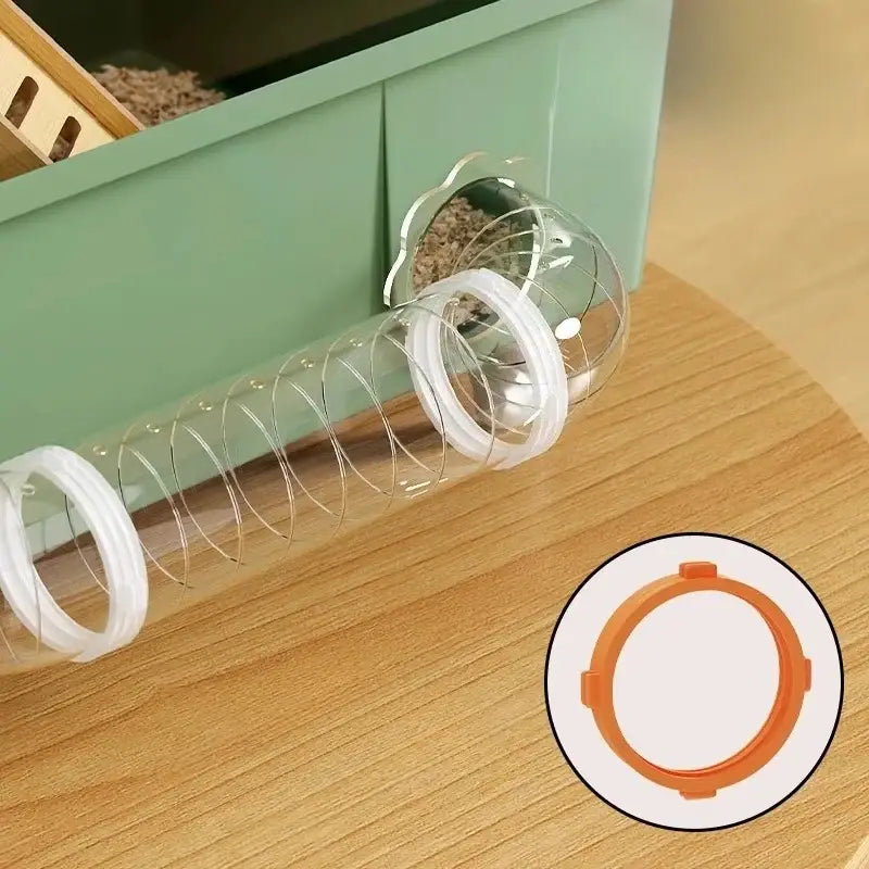 Transparent acrylic hamster house with clear plastic tunnel white connectors and orange lid for small pets and hamsters