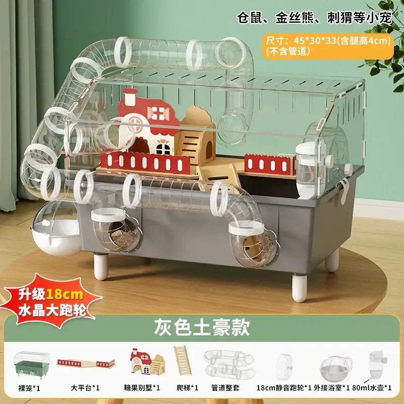 Gray plastic hamster habitat with transparent acrylic tubes red beige wooden accessories and white water bottle for small pets