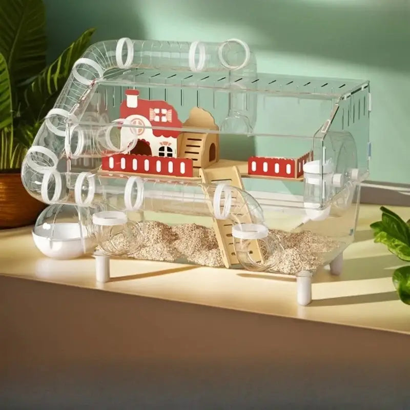 Transparent acrylic hamster house with red and beige wooden accessories white tunnels and small house inside for pets