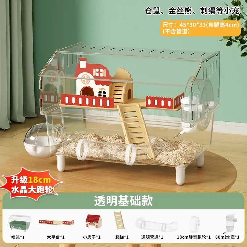 Transparent acrylic hamster house with red and wooden accessories including house ladder and wheel for small pets