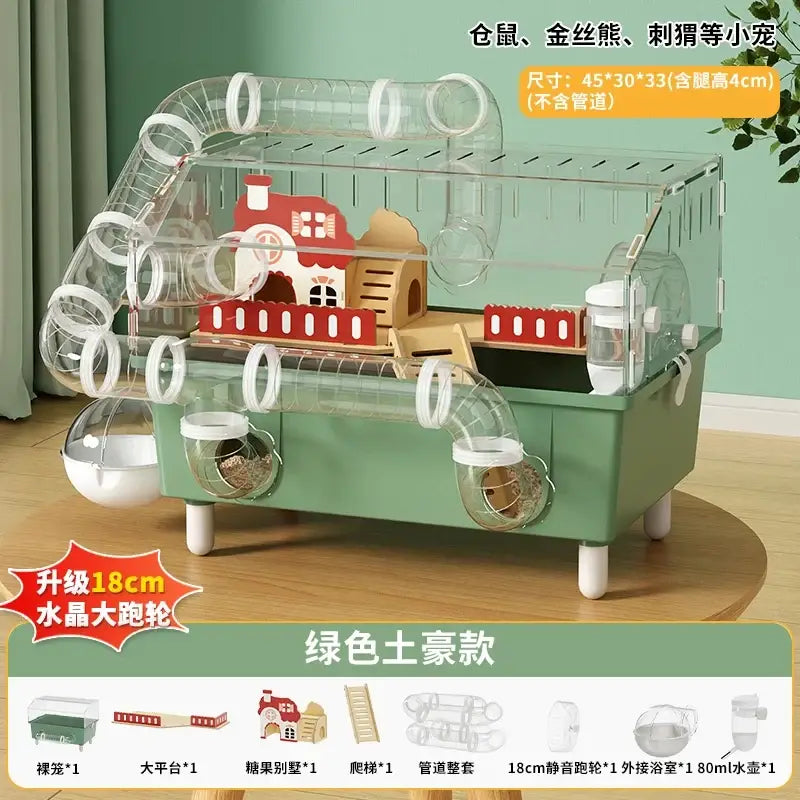 Green plastic hamster habitat with clear acrylic tubes red beige wooden house and white wheels for small pets