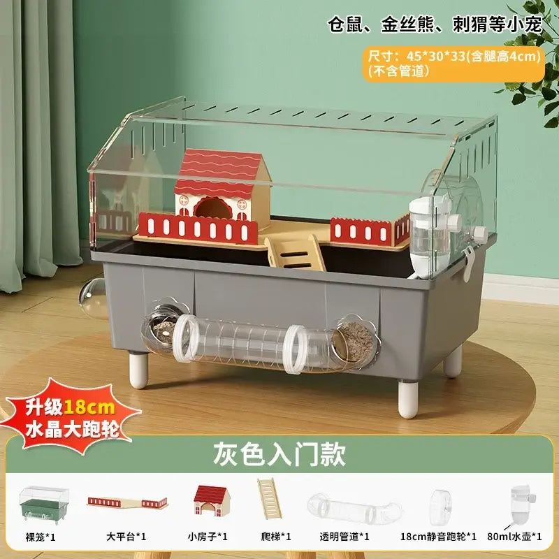 Gray plastic hamster habitat with clear acrylic top and sides red-roofed wooden house tunnel and 18cm crystal wheel