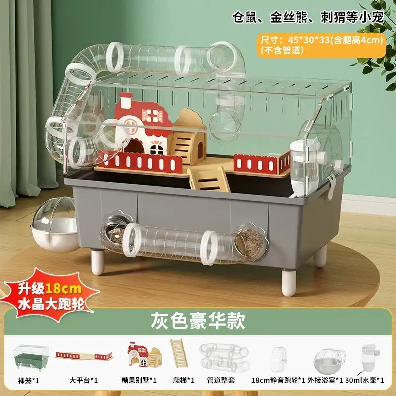 Gray plastic hamster habitat with transparent acrylic tubes and red and white wooden house interior for small pets