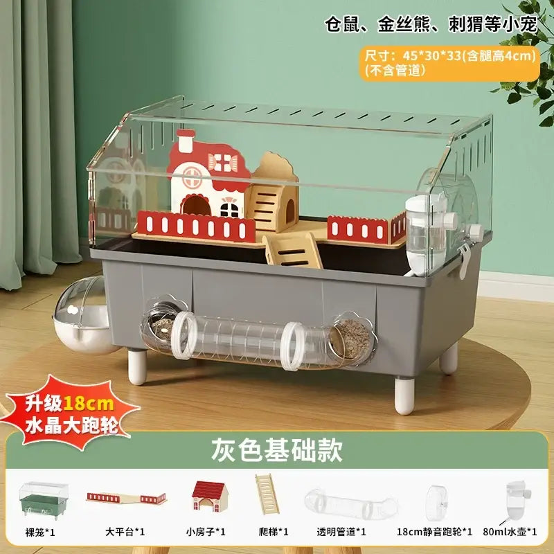 Gray plastic transparent acrylic hamster house with red wooden roof, clear tube tunnels, and 18cm crystal wheel