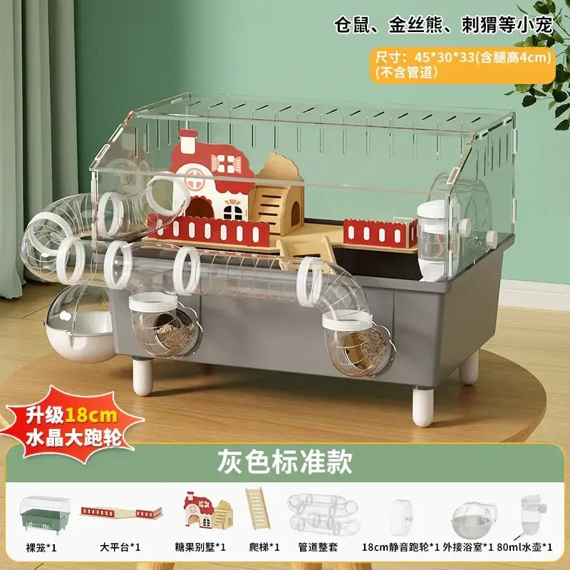 Gray plastic transparent acrylic hamster house with red and white house wooden platforms and exercise wheels