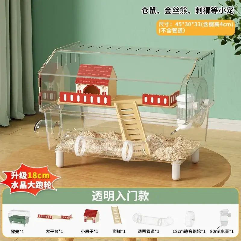 Transparent acrylic hamster house with red and white wooden accessories, clear 18cm running wheel, and bedding inside