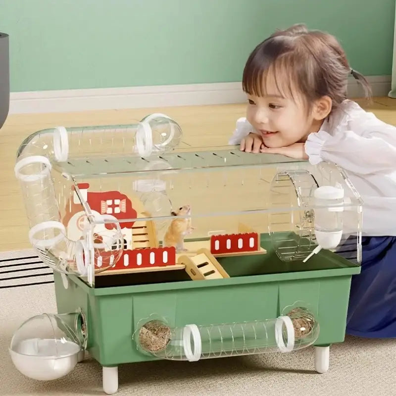 Green plastic hamster habitat with clear acrylic tubes red and wooden accessories and small rodent inside spacious cage
