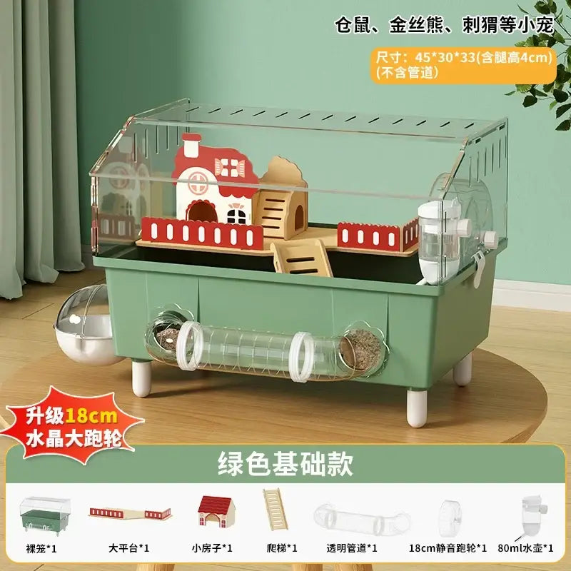 This is a green modular transparent acrylic hamster house with wooden accessories and a red-roofed house for small pets