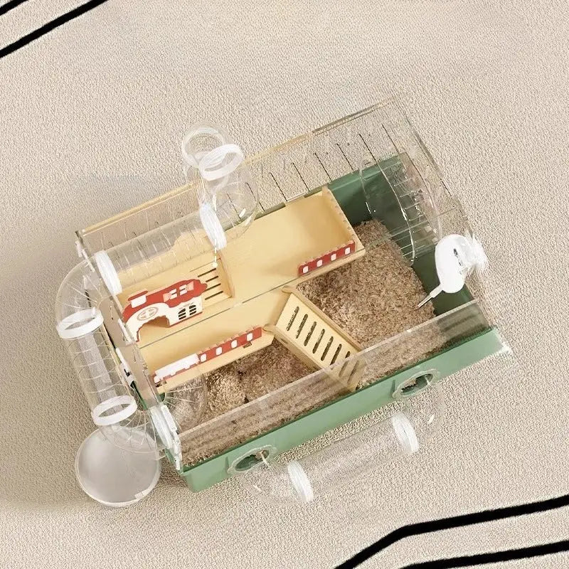 Transparent acrylic hamster house with clear plastic walls green base beige wooden platforms and red accessories for pets