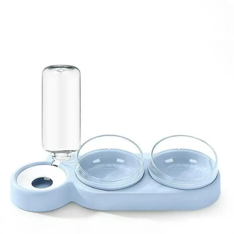 Light blue plastic triple bowl automatic pet water dispenser and feeder with two glass bowls and transparent bottle