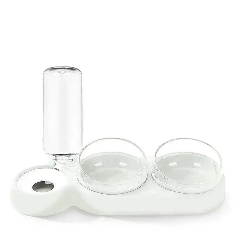 White plastic triple bowl automatic pet water dispenser and feeder with clear glass water bottle and transparent food bowls