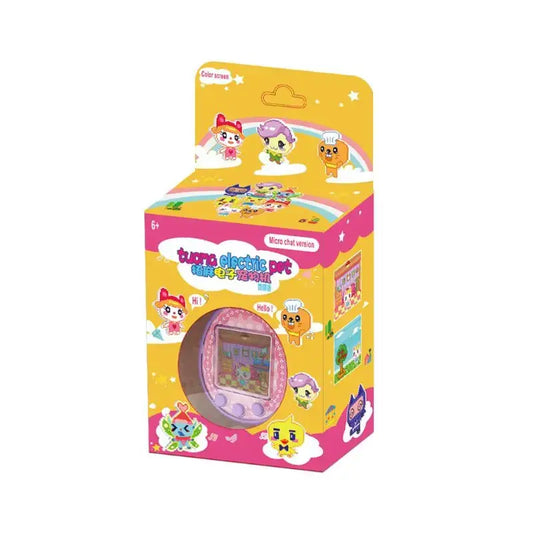 Usb charging electronic cyber pet toy handheld in pink and purple with a colorful screen and cartoon character packaging