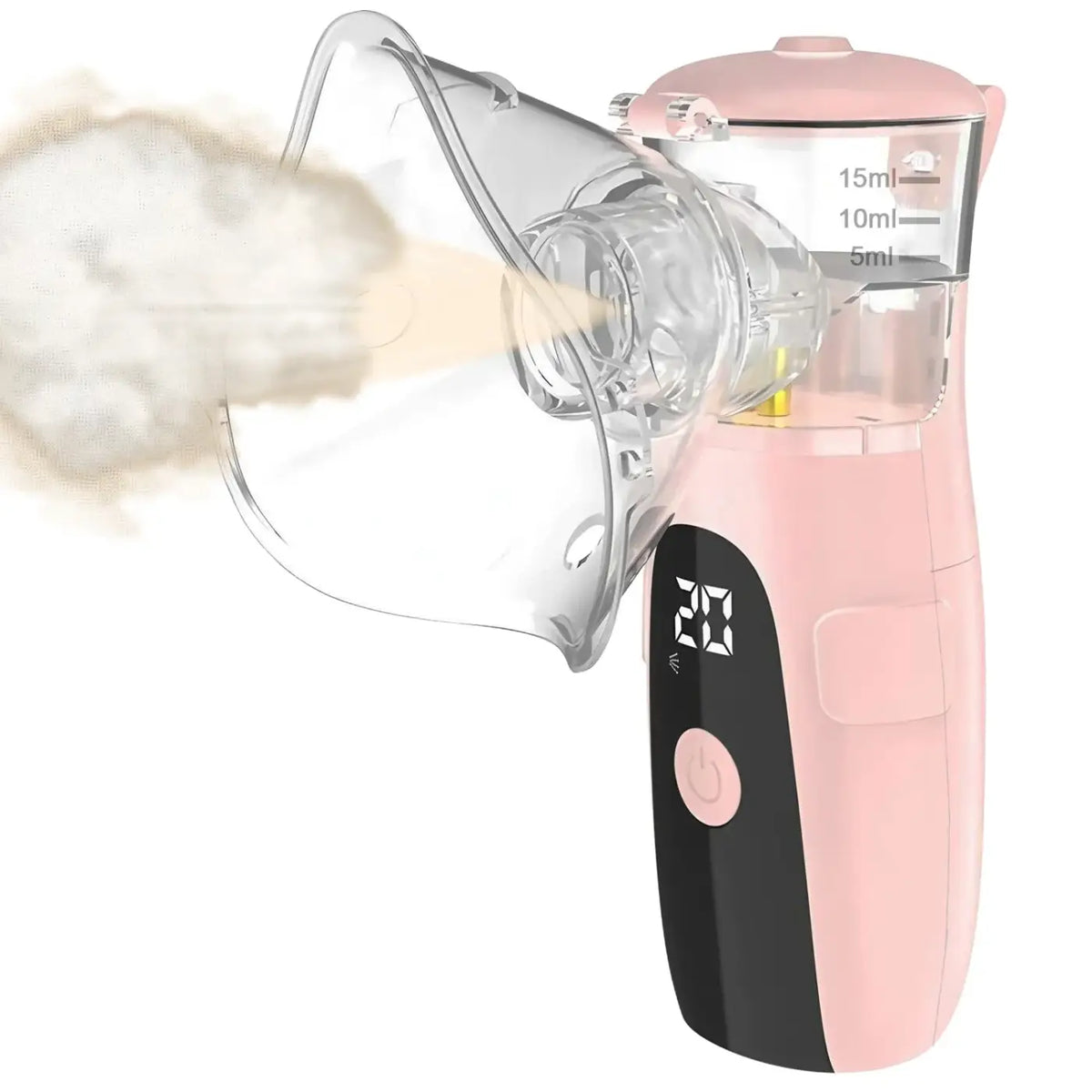 Pink and black handheld veterinary pet asthma nebulizer with transparent mask and measurement markings on chamber