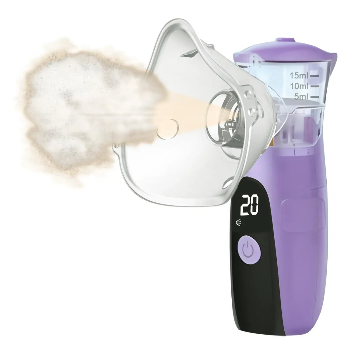 Purple and black handheld veterinary pet asthma inhaler and nebulizer with transparent mask emitting mist